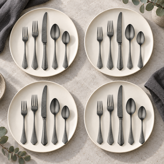 Mepra Dolce Vita Pewter Oro Nero 20-piece flatware modern lifestyle setting