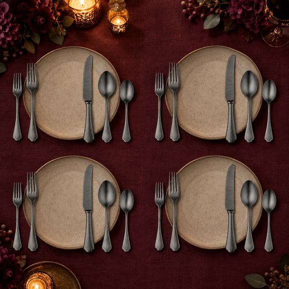 Mepra Dolce Vita Pewter Oro Nero 20-piece flatware evening lifestyle setting