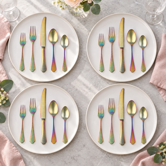 Mepra Dolce Vita Pewter Rainbow 20-piece flatware contemporary lifestyle setting