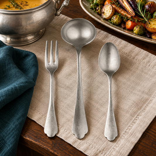 Mepra Dolce Vita Pewter three-piece serving set beside soup and vegetables