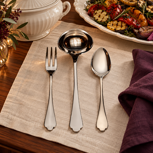 Mepra Dolce Vita three-piece serving set on cream linen at a buffet
