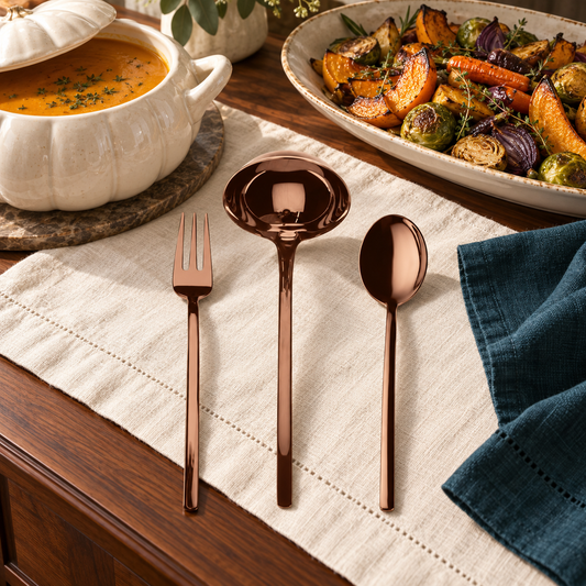 Mepra Due Bronzo three-piece serving set beside pumpkin soup and roasted vegetables