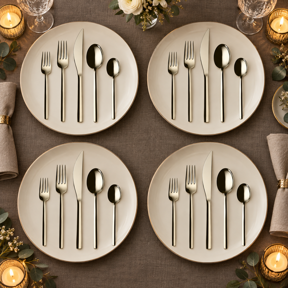 Mepra Due Champagne 20-piece flatware evening lifestyle setting
