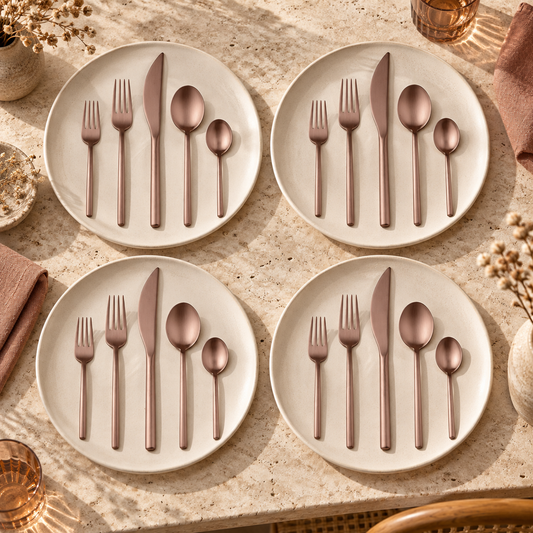 Mepra Due Ice Bronze 20-piece flatware warm contemporary lifestyle setting