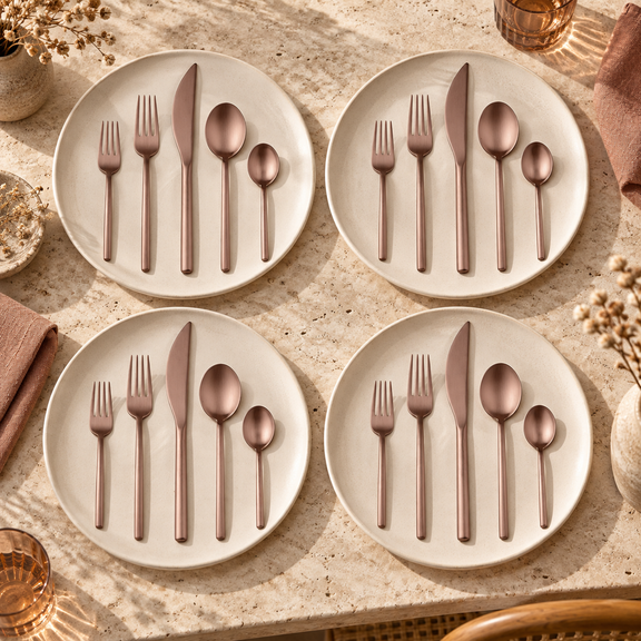Mepra Due Ice Bronze 20-piece flatware warm contemporary lifestyle setting