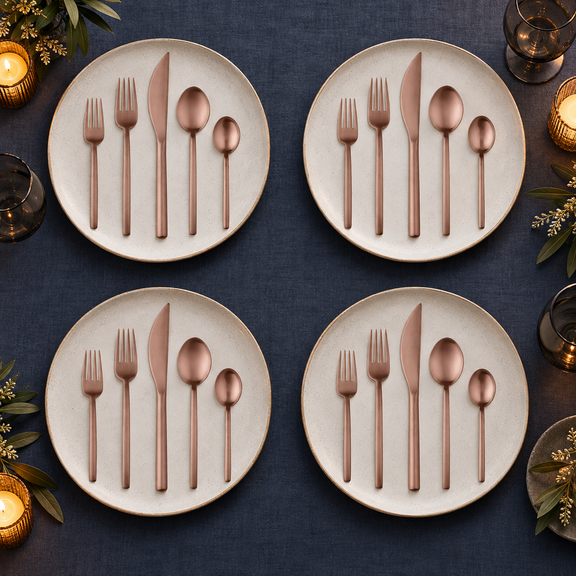 Mepra Due Ice Bronze 20-piece flatware evening lifestyle setting