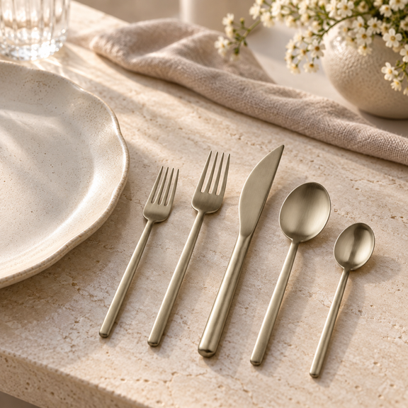 Mepra Due Ice Champagne five-piece flatware setting in morning light