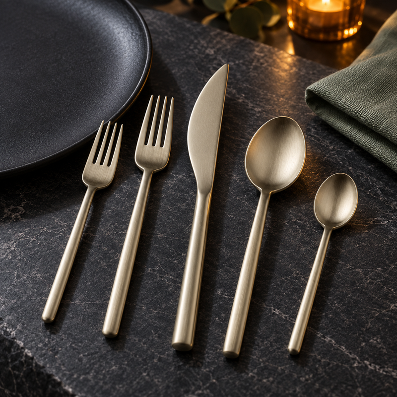Mepra Due Ice Champagne five-piece flatware on dark stone