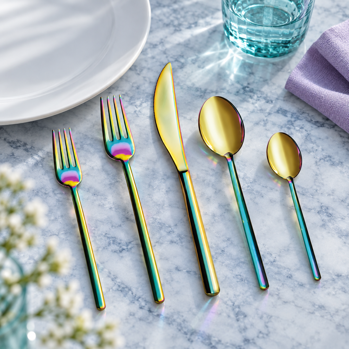 Mepra Due Ice Rainbow five-piece flatware in cool daylight