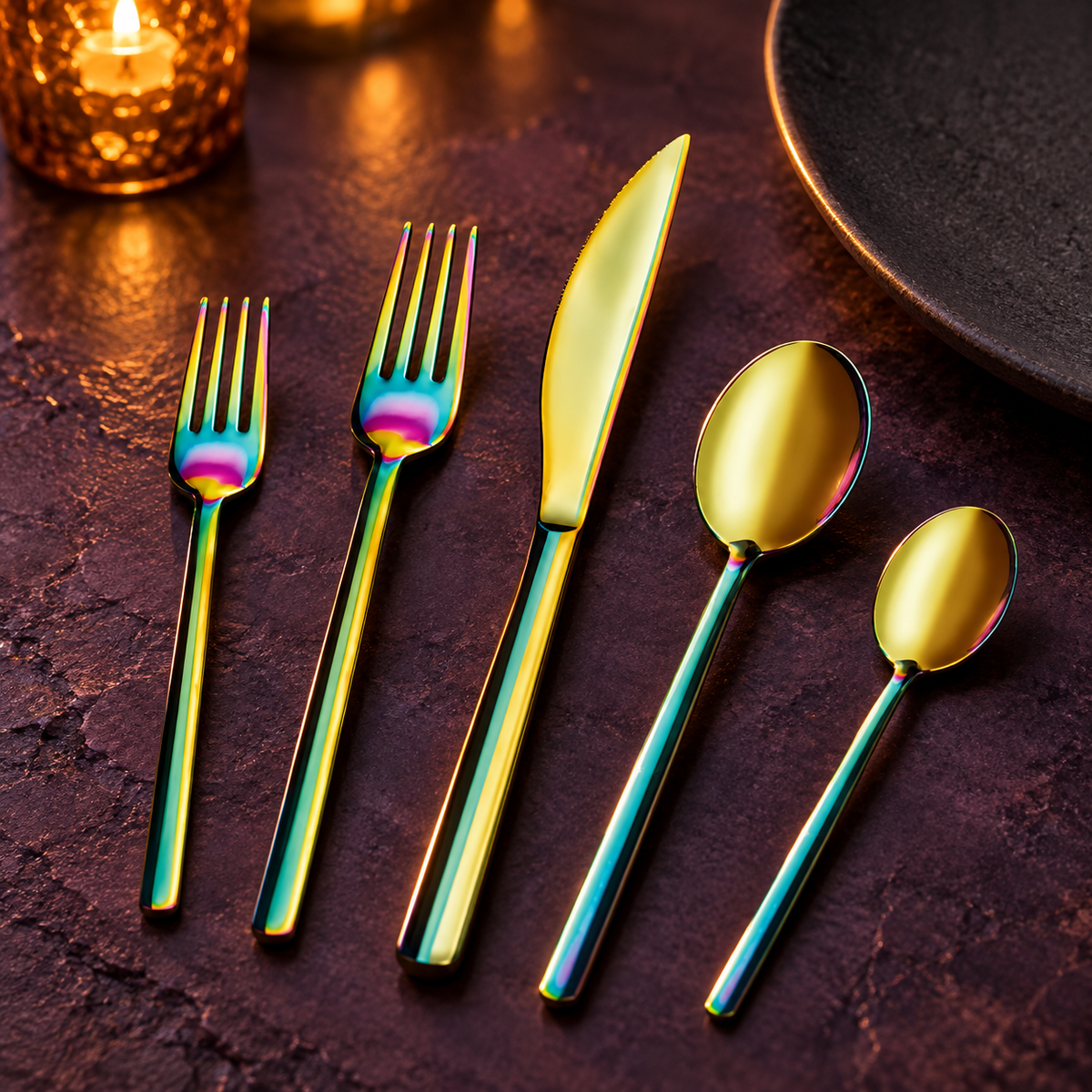 Mepra Due Ice Rainbow five-piece flatware in cinematic evening light