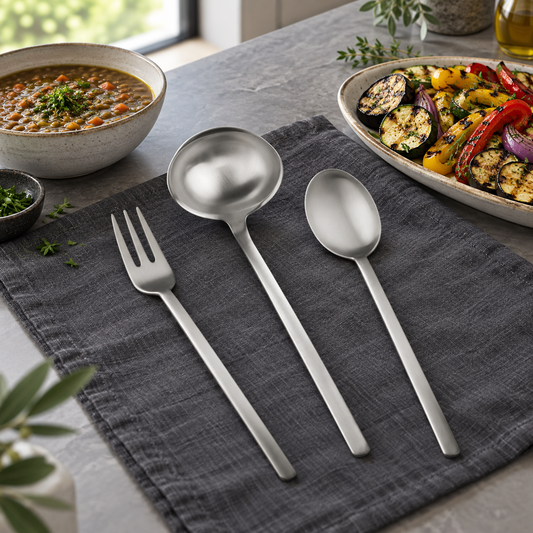 Mepra Due Ice three-piece brushed silver serving set on charcoal linen