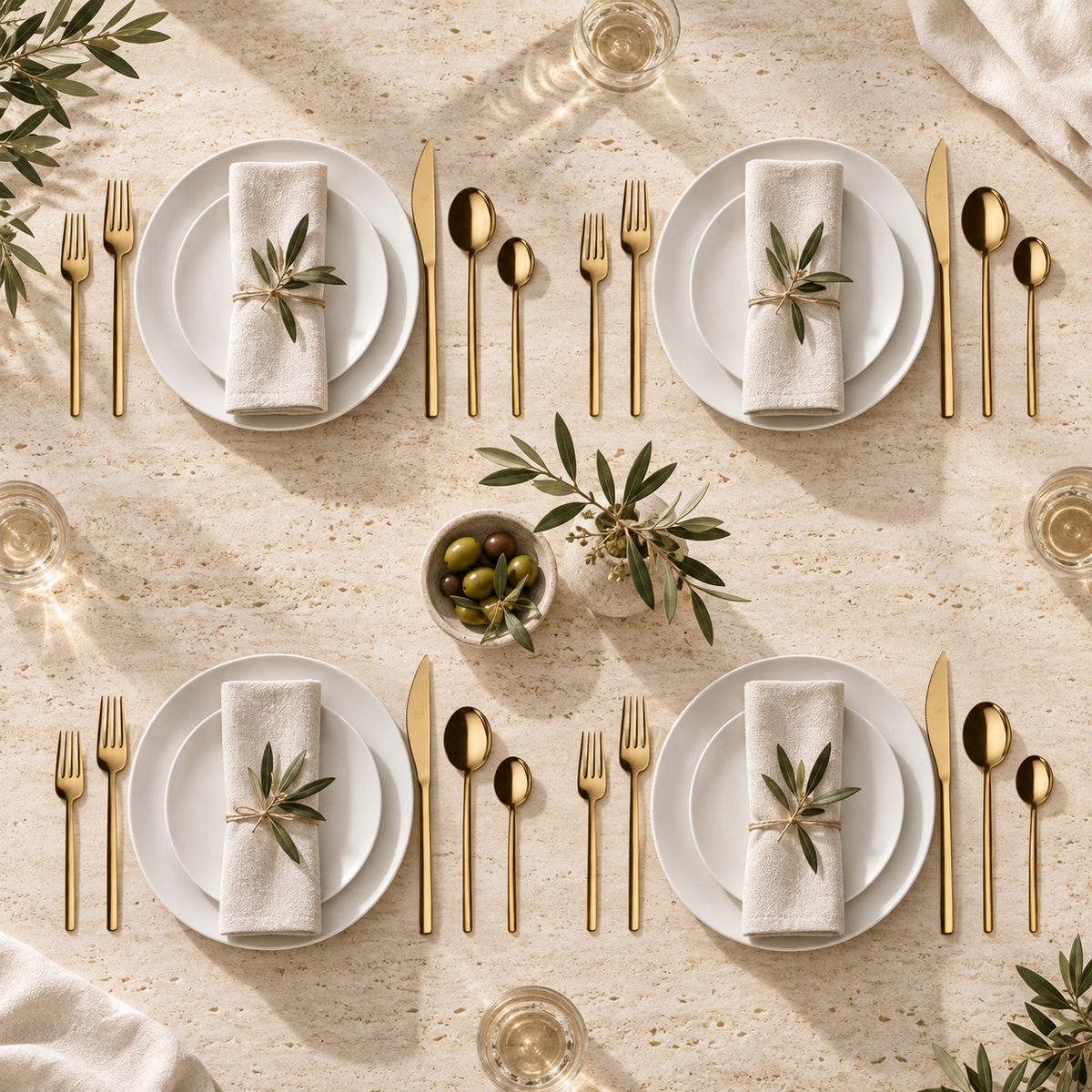 Mepra Due Oro 20-piece gold flatware set arranged for four bright place settings