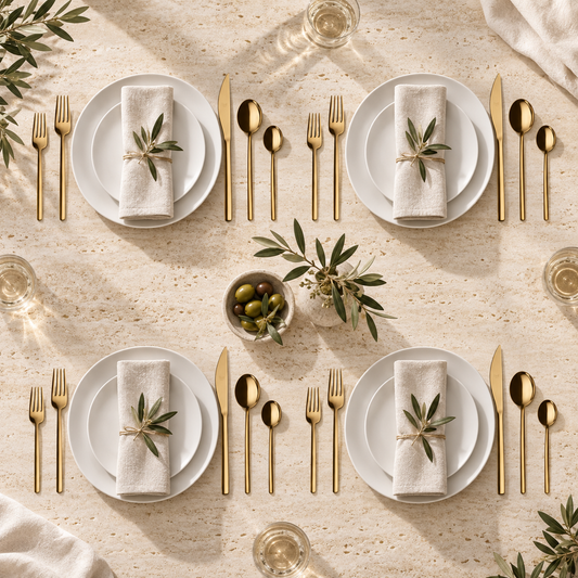 Mepra Due Oro 20-piece gold flatware set arranged for four bright place settings