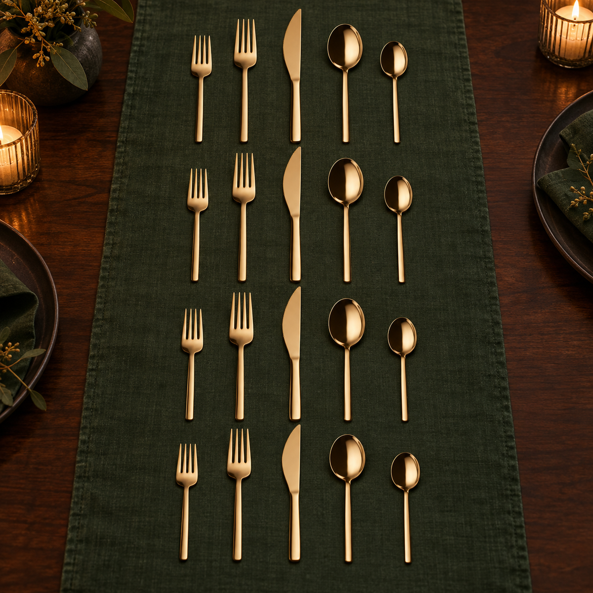 Mepra Due Oro 20-piece gold flatware set arranged in four elegant evening rows