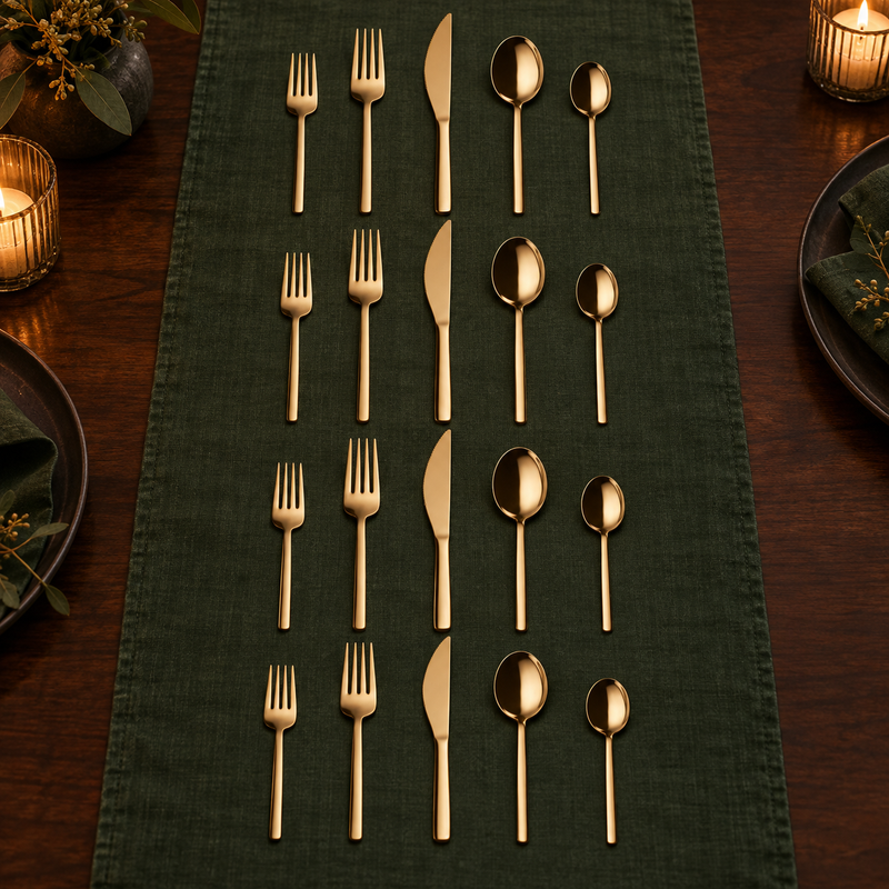 Mepra Due Oro 20-piece gold flatware set arranged in four elegant evening rows