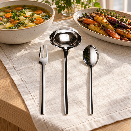 Mepra Due three-piece serving set beside vegetable soup and roasted carrots