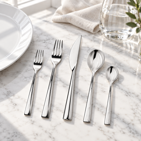 Mepra Energia five-piece polished flatware in bright architectural light