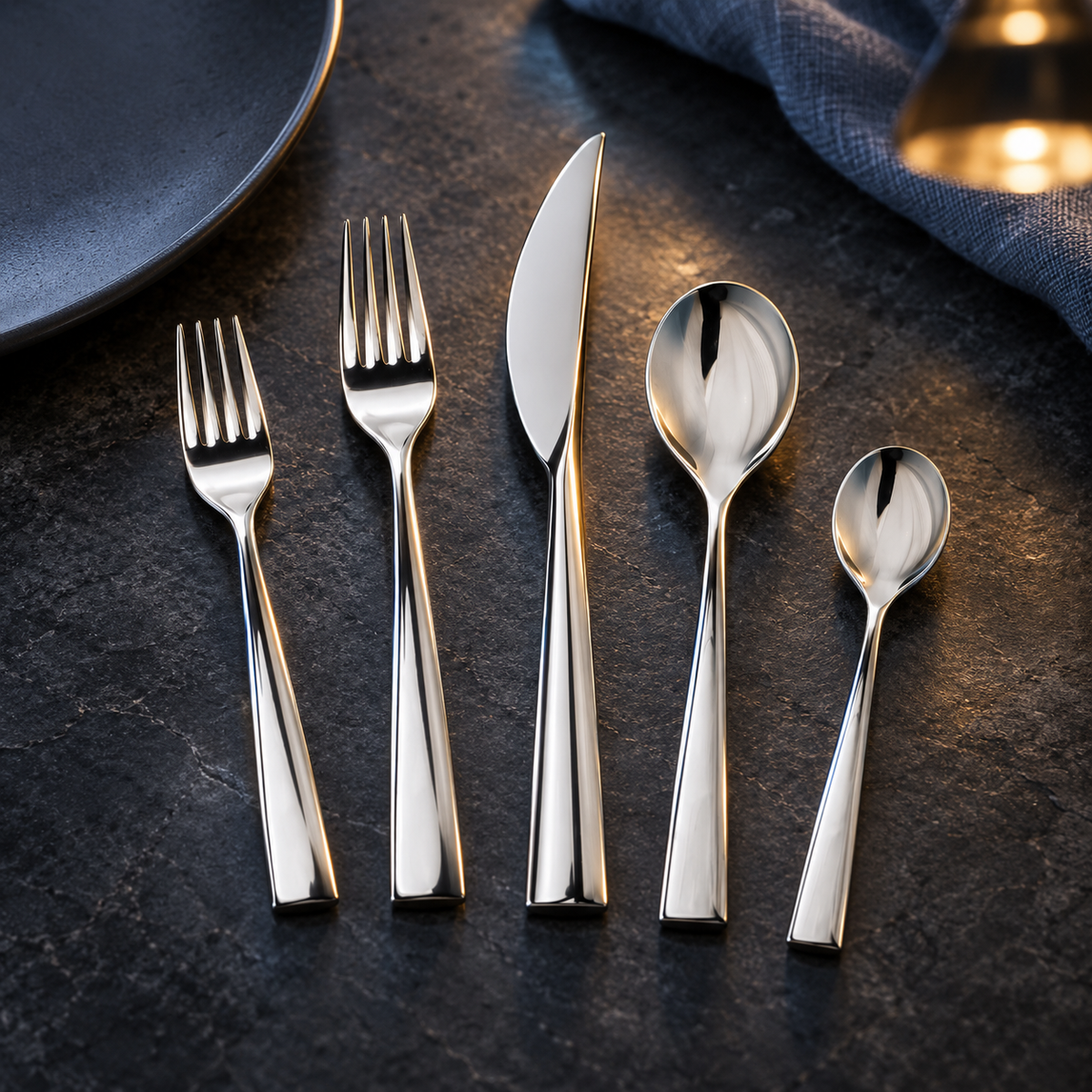 Mepra Energia five-piece polished flatware on dark stone