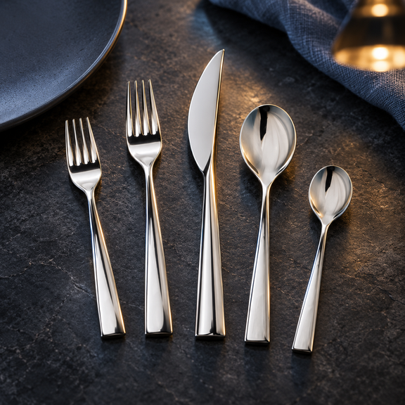 Mepra Energia five-piece polished flatware on dark stone