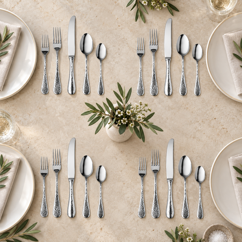 Mepra Epoque 20-piece flatware set arranged for four bright elegant place settings