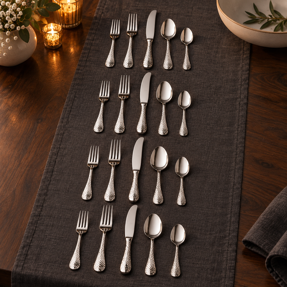 Mepra Epoque 20-piece hammered-handle flatware set in an elegant evening display