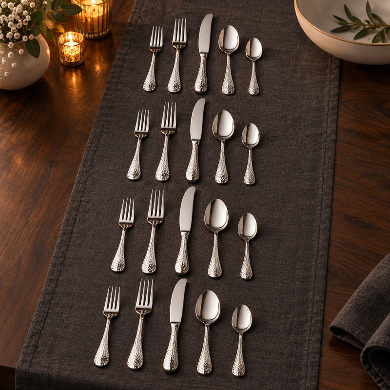 Mepra Epoque 20-piece hammered-handle flatware set in an elegant evening display