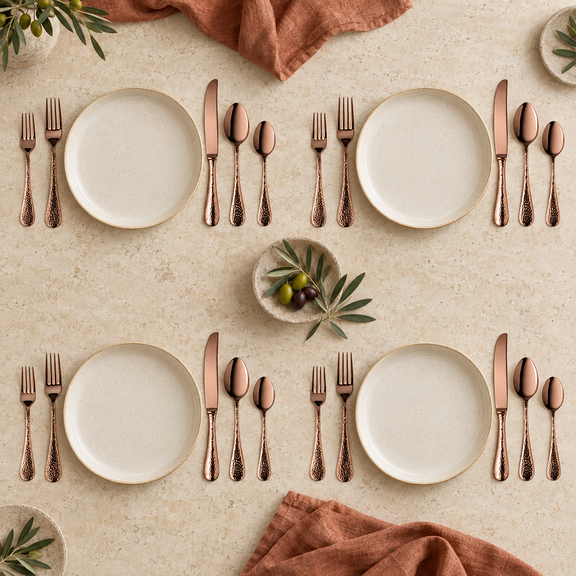 Mepra Epoque Bronze 20-piece hammered flatware set arranged for four bright place settings