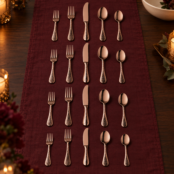 Mepra Epoque Bronze 20-piece hammered flatware set in four elegant evening rows