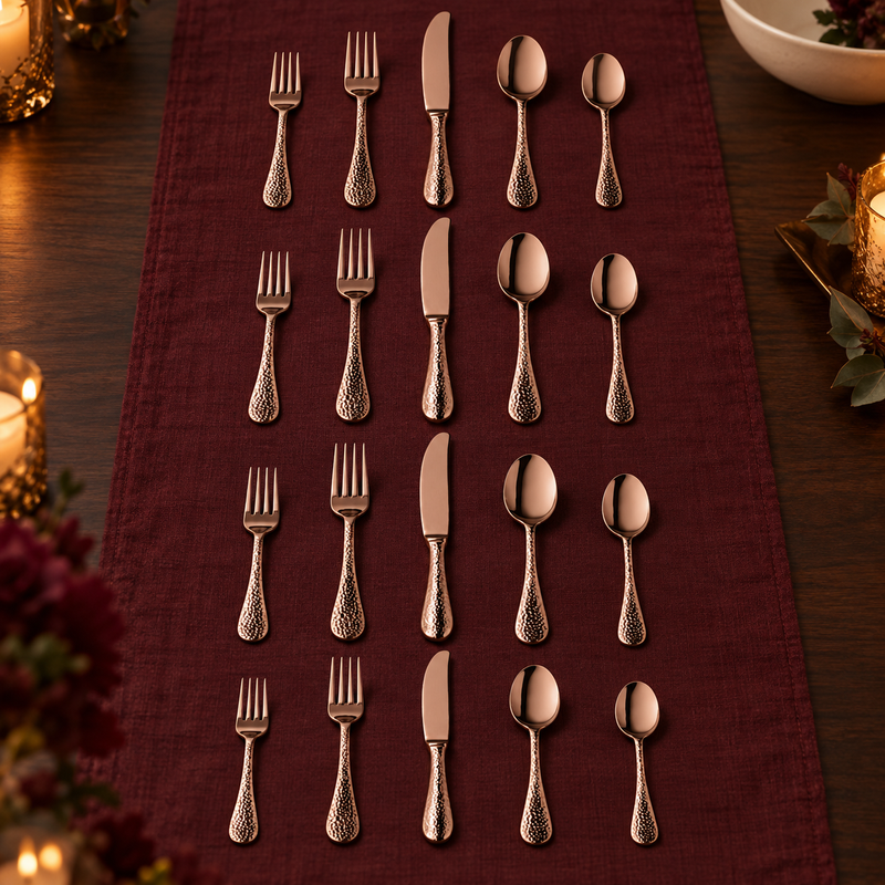 Mepra Epoque Bronze 20-piece hammered flatware set in four elegant evening rows