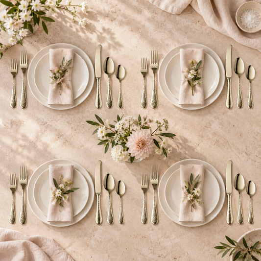 Mepra Epoque Champagne 20-piece hammered flatware set arranged for four bright place settings