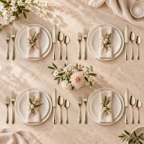 Mepra Epoque Champagne 20-piece hammered flatware set arranged for four bright place settings
