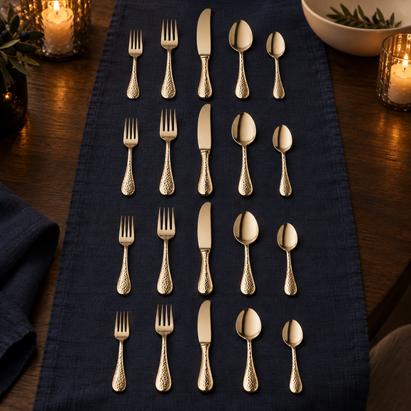 Mepra Epoque Champagne 20-piece hammered flatware set in four elegant evening rows