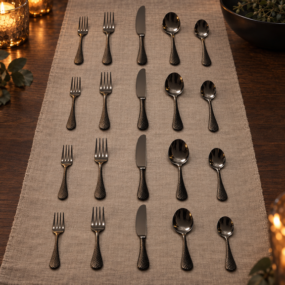 Mepra Epoque Oro Nero 20-piece hammered dark flatware displayed in four evening rows