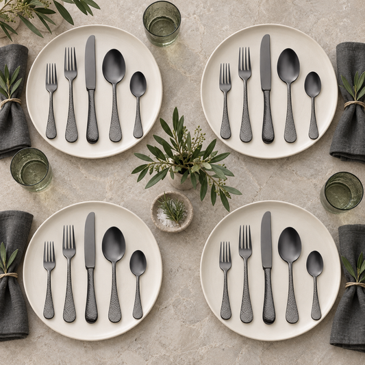 Mepra Epoque Oro Nero Pewter 20-piece two-tone flatware arranged for four modern place settings