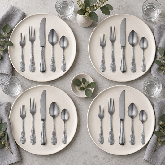 Mepra Epoque Pewter 20-piece flatware set arranged for four modern place settings