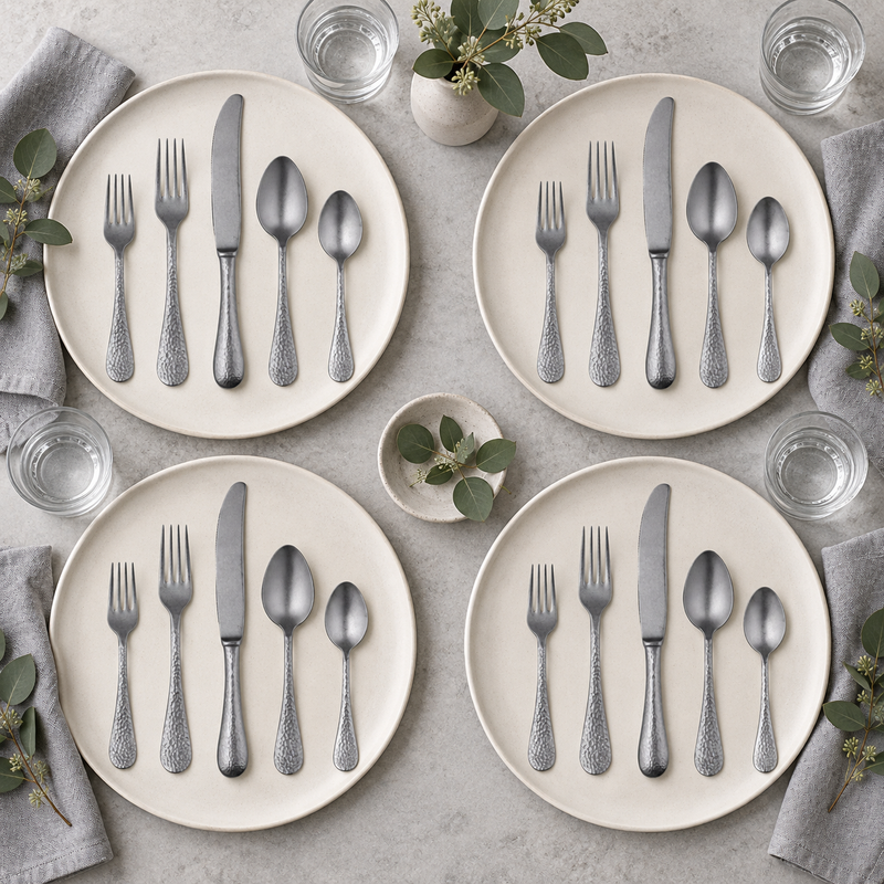 Mepra Epoque Pewter 20-piece flatware set arranged for four modern place settings