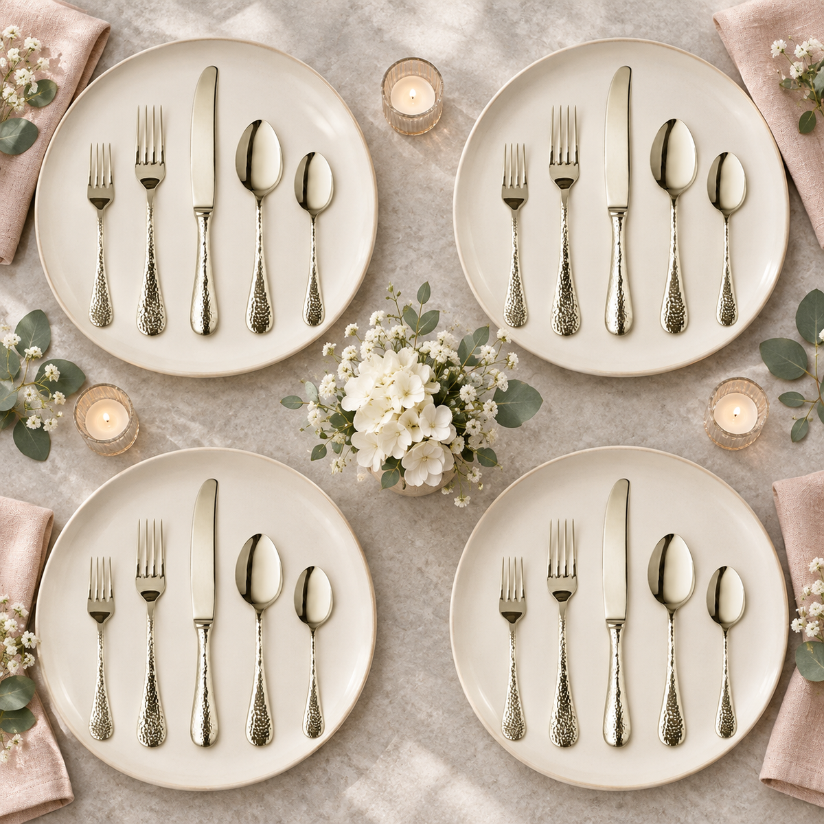 Mepra Epoque Pewter Champagne 20-piece hammered flatware arranged for four luminous place settings
