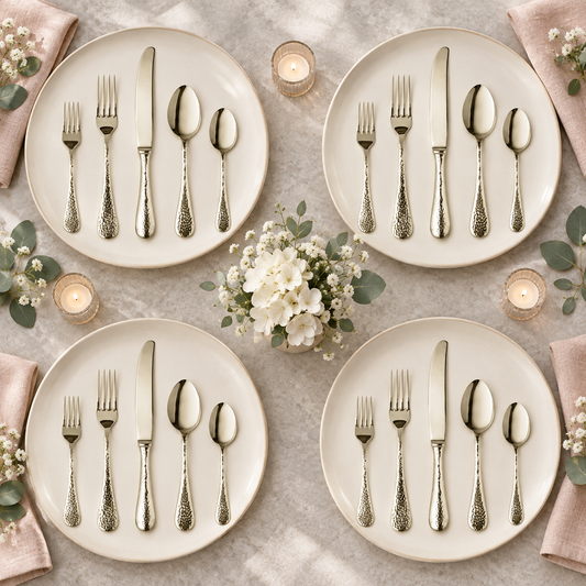 Mepra Epoque Pewter Champagne 20-piece hammered flatware arranged for four luminous place settings