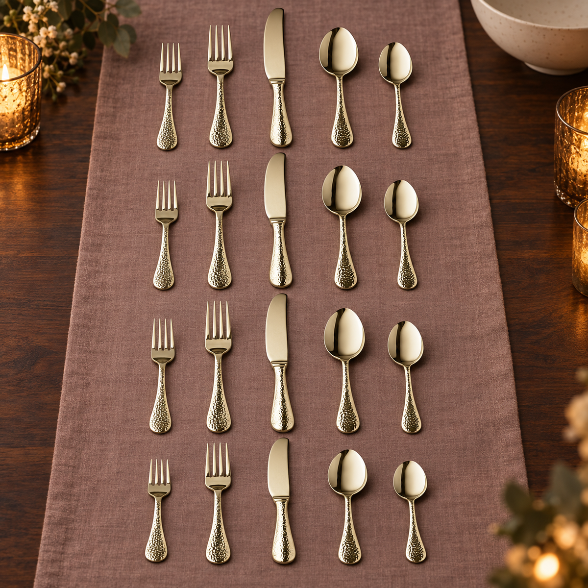 Mepra Epoque Pewter Champagne 20-piece hammered flatware displayed in four evening rows