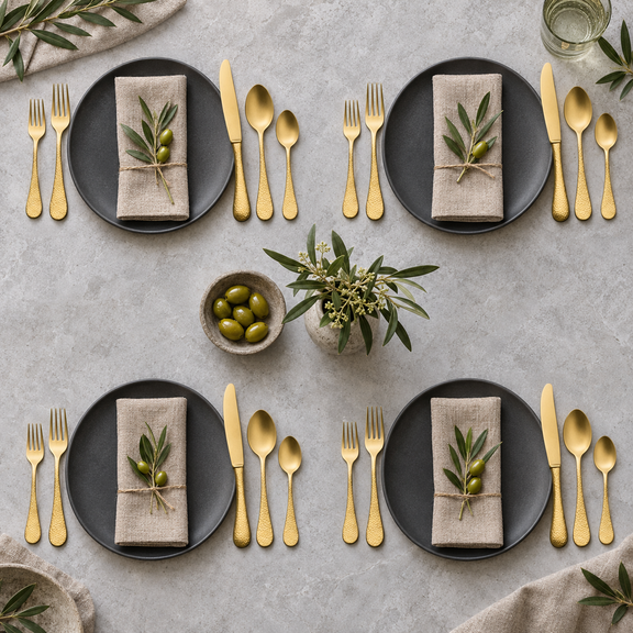 Mepra Epoque Pewter Oro 20-piece brushed gold flatware arranged for four modern place settings