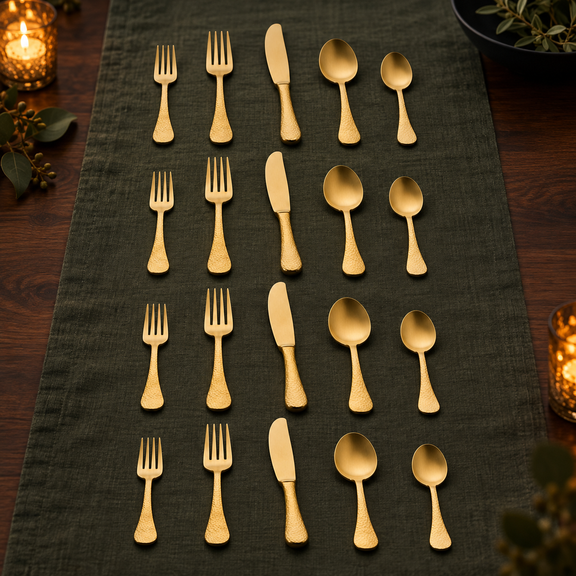 Mepra Epoque Pewter Oro 20-piece brushed gold flatware displayed in four evening rows