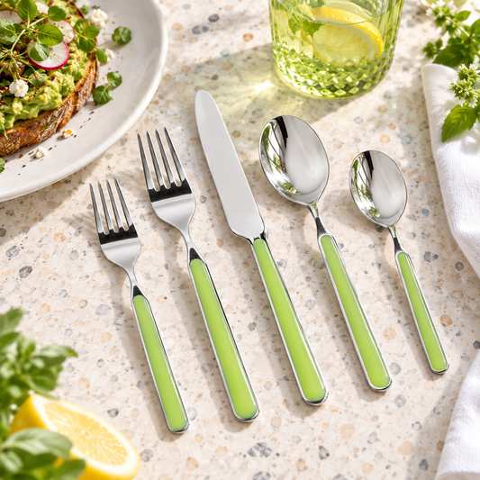 Mepra Fantasia Acid Green five-piece flatware in a bright brunch setting