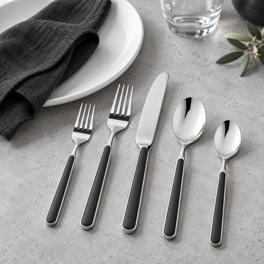 Mepra Fantasia Black five-piece flatware in a monochrome setting