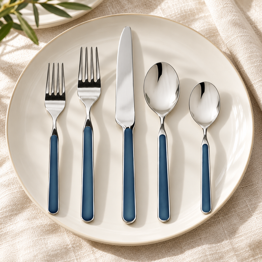 Mepra Fantasia Blue five-piece flatware on cream linen and ivory plate