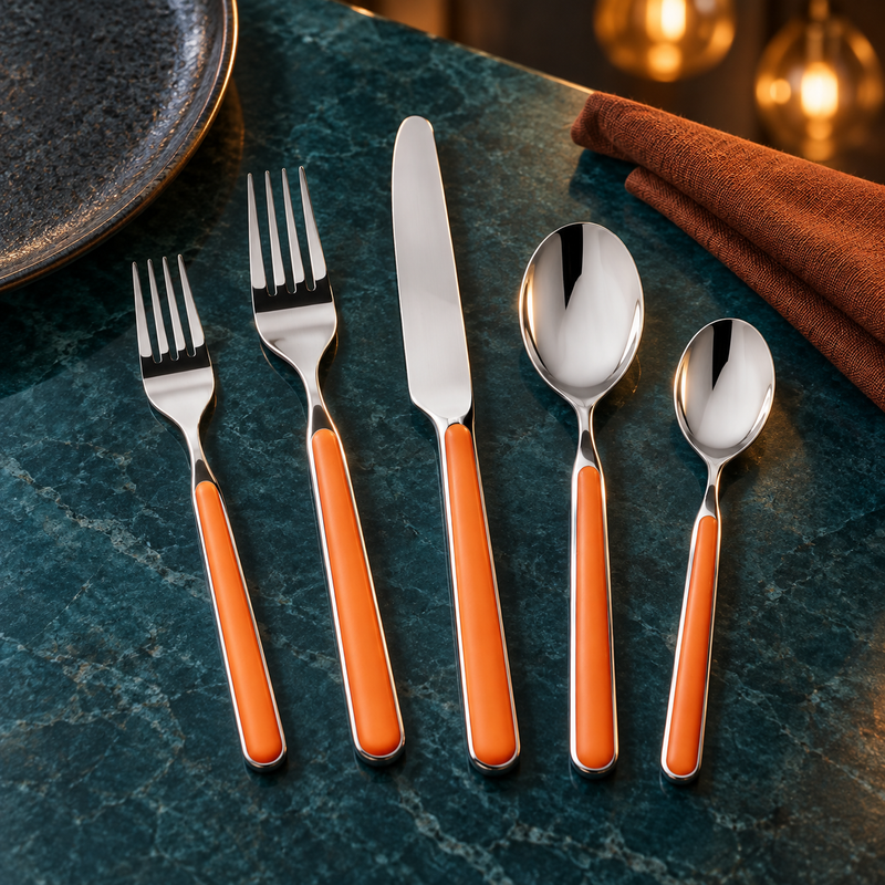 Mepra Fantasia Carrot five-piece flatware on deep teal stone