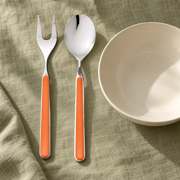 Mepra Fantasia Carrot salad serving fork and spoon on sage linen