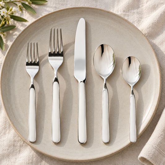 Mepra Fantasia China five-piece flatware with white handles on gray ceramic plate