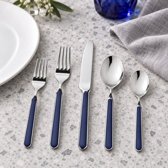 Mepra Fantasia Cobalt five-piece flatware on light terrazzo