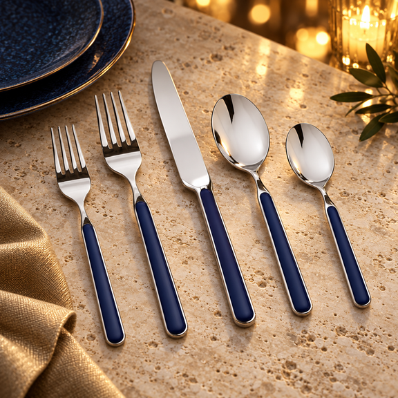 Mepra Fantasia Cobalt five-piece flatware in a warm evening setting