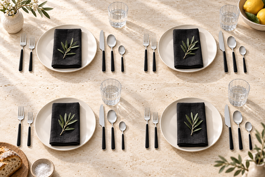 Mepra Fantasia Ice Oro Black 20-piece flatware arranged as four bright modern place settings